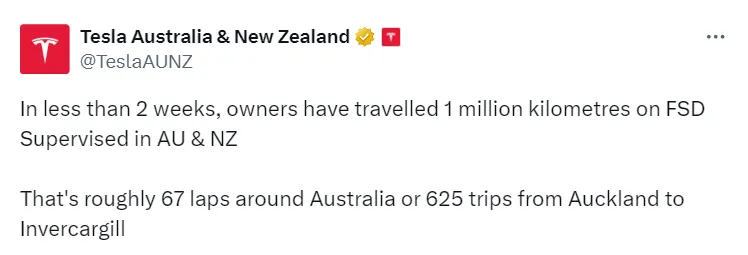 1 million kilometers on FSD Supervised in AU & NZ