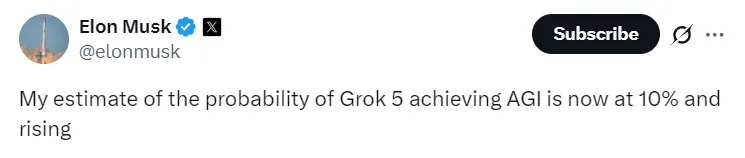 Grok 5 achieving AGI is now at 10% and rising