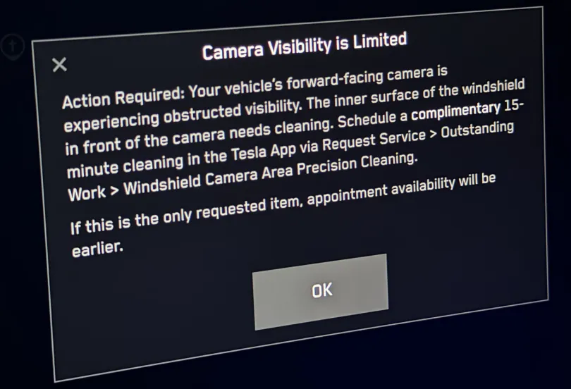 Camera Visibility is limited pop-up Tesla