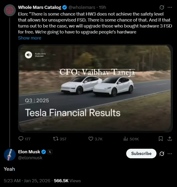 Musk on Tesla HW3