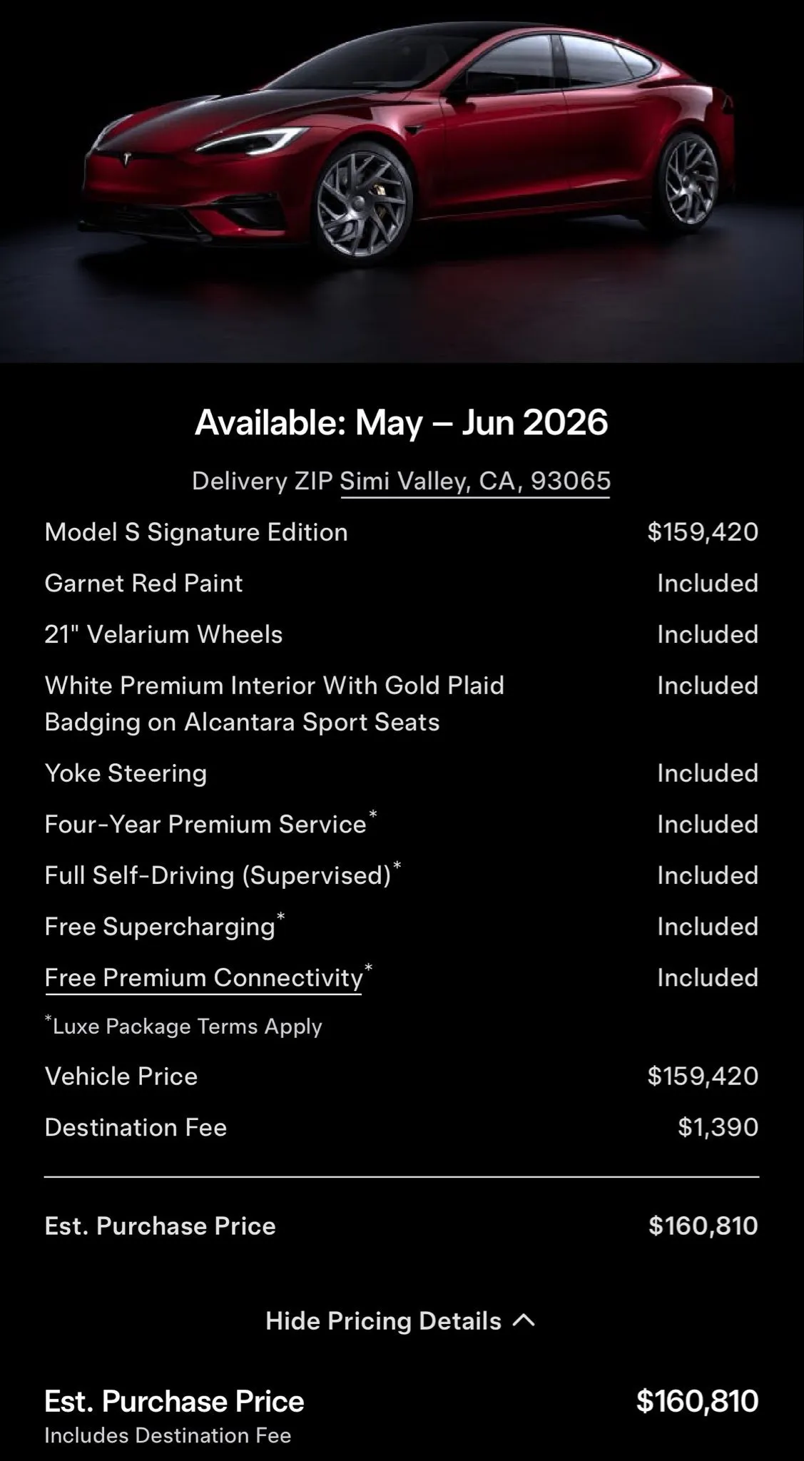 Signature Edition Model S order page pricing