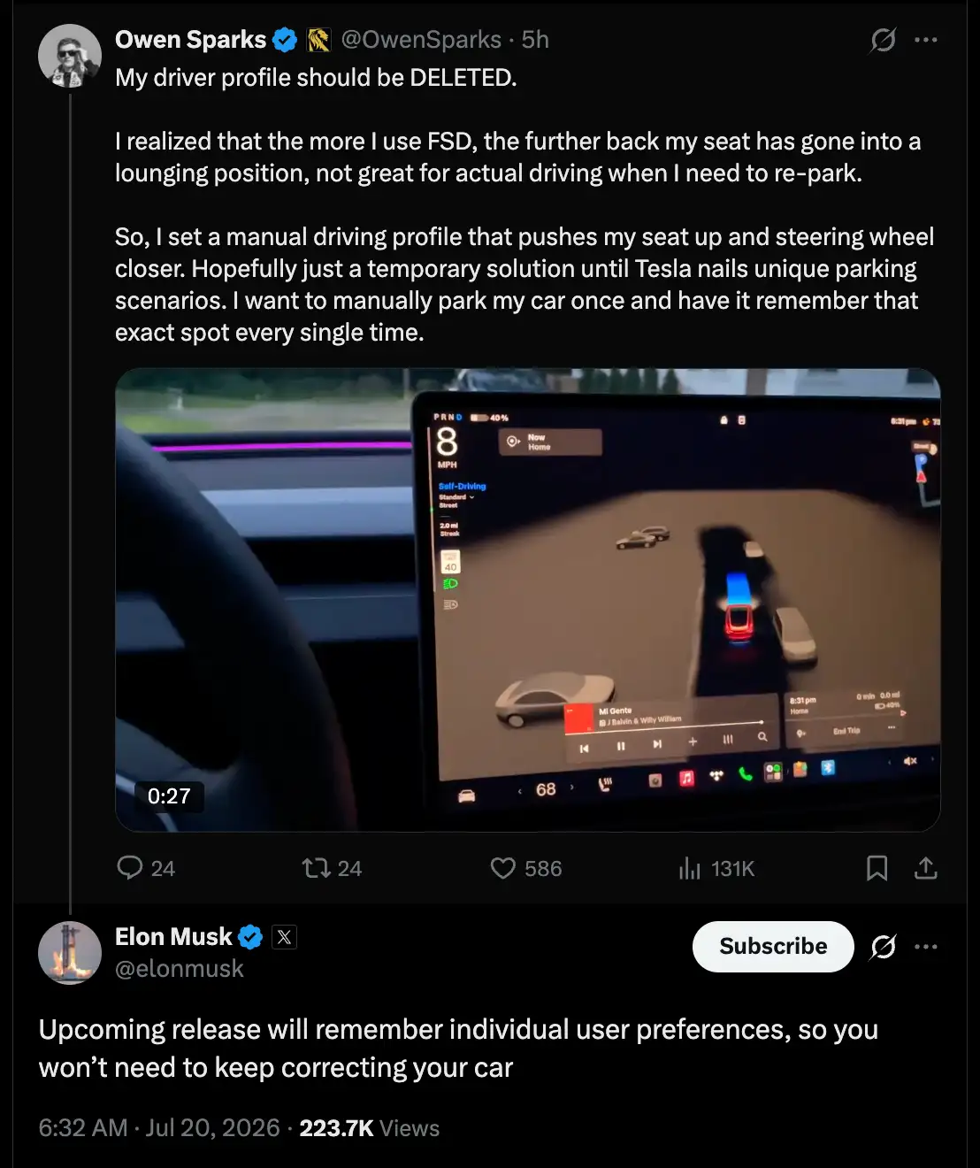 Upcoming release will remember individual user preferences - Musk