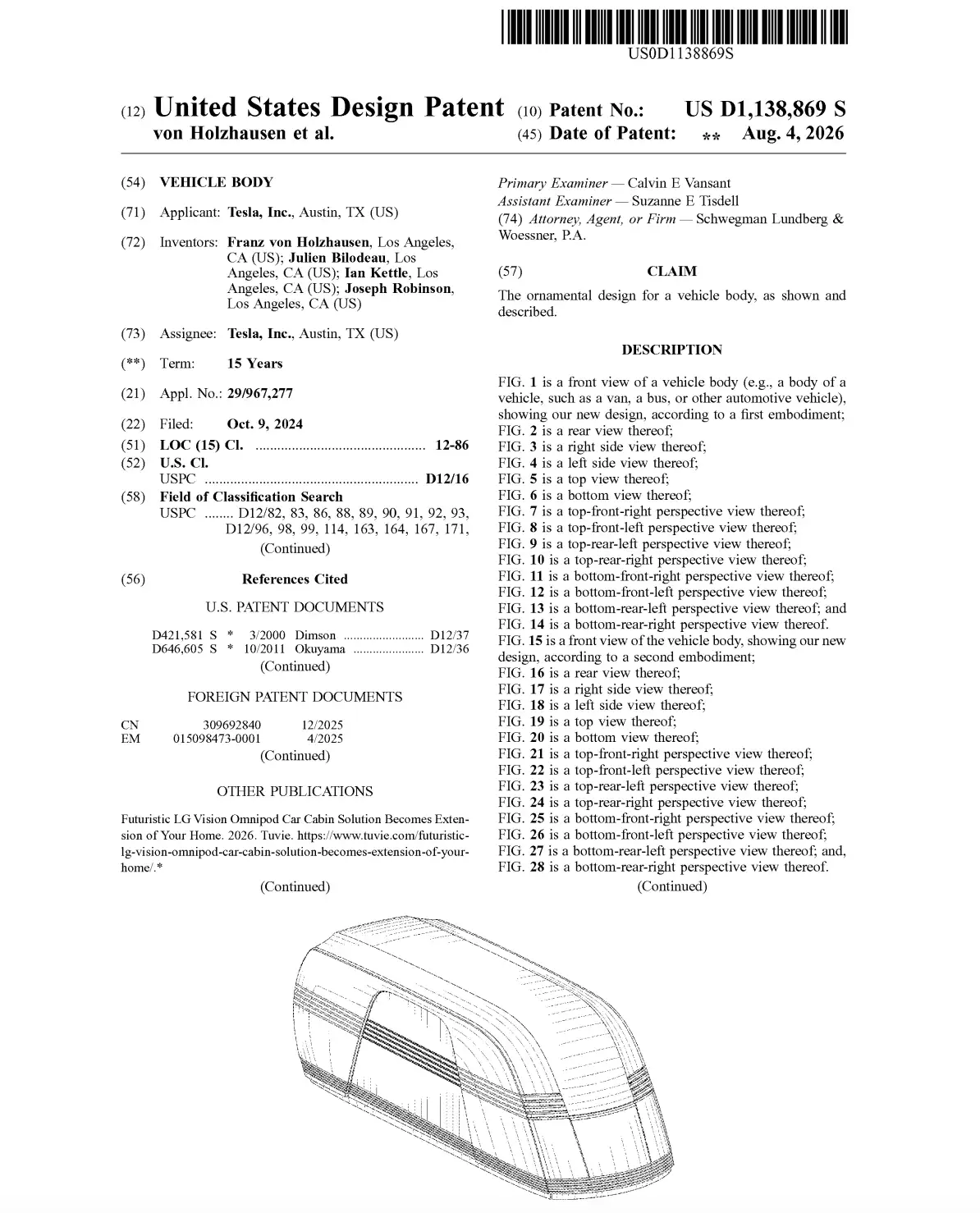 Design Patent - Tesla Robovan