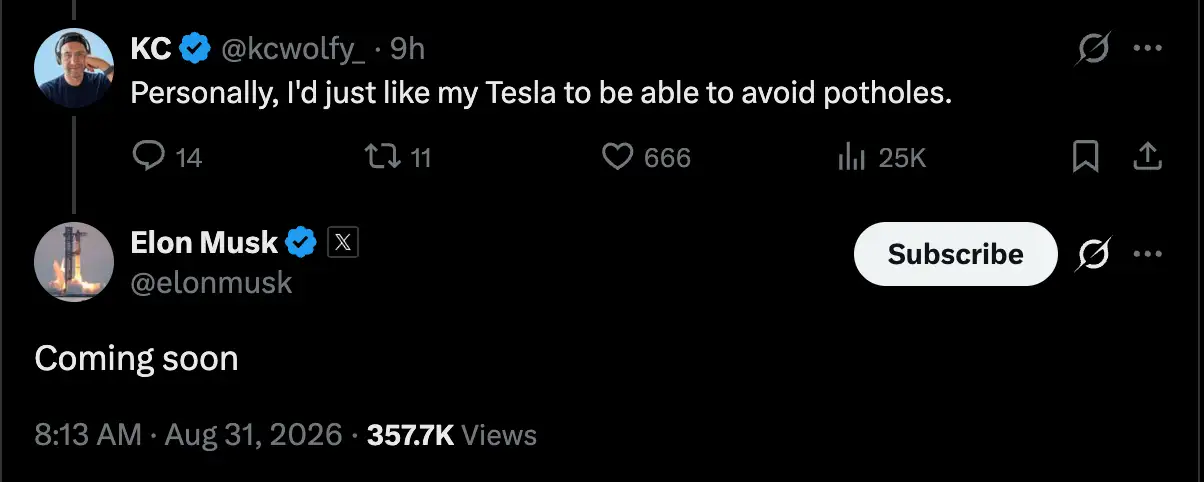 Elon Musk says Tesla FSD will add pothole avoidance soon
