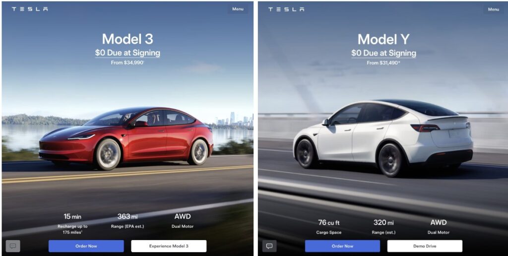 Tesla Model 3 and Model Y $0 due at signing offer 