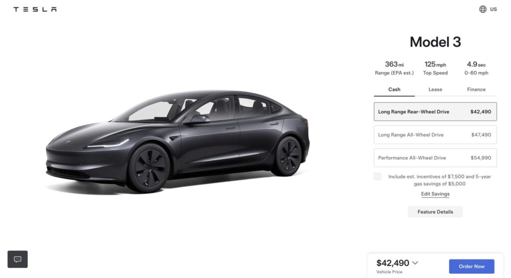 Tesla Removes Model 3 RWD with LFP Batteries from U.S. Order Page