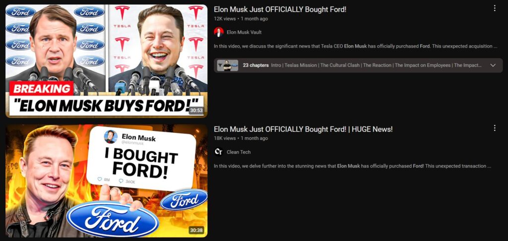 The unfounded claims appear to have originated from AI-generated YouTube videos : Ford Denies Rumors of Elon Musk Acquisition