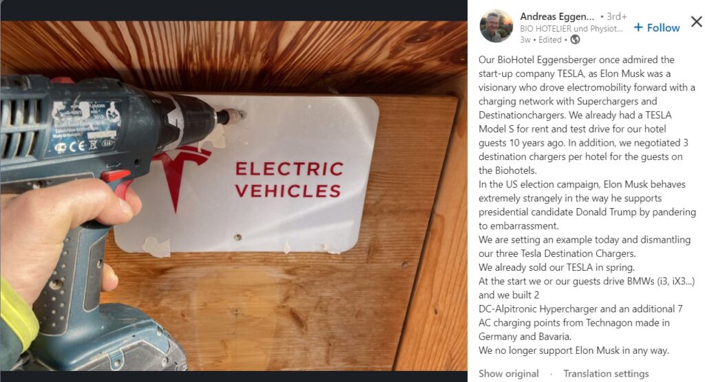 Hotel Owner Removes Tesla Chargers Over Owner's Political Stance