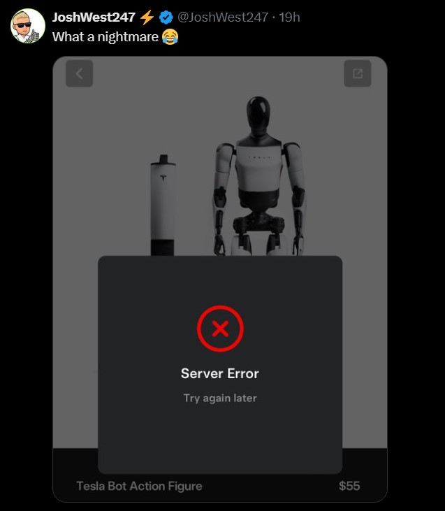 Tesla optimus action figure caused server error