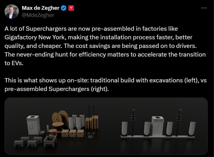 Tesla's Director of Charging for North America, Max de Zegher, has unveiled detailed insights into the company's innovative approach to Supercharger manufacturing and deployment. 