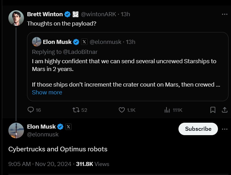 Elon revealed that the payload for these missions would include Tesla Cybertrucks and Optimus robots