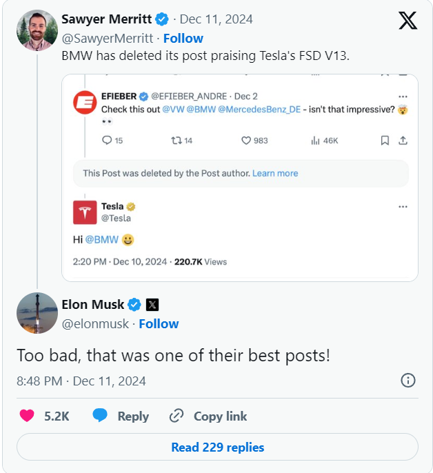 BMW taken down their post and Musk responded.