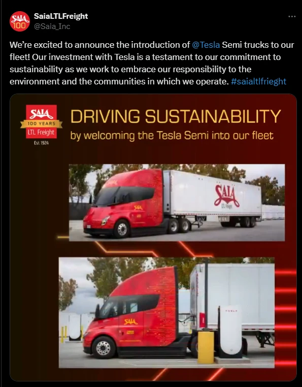 SaiaLTL Freight partners with Tesla Semi