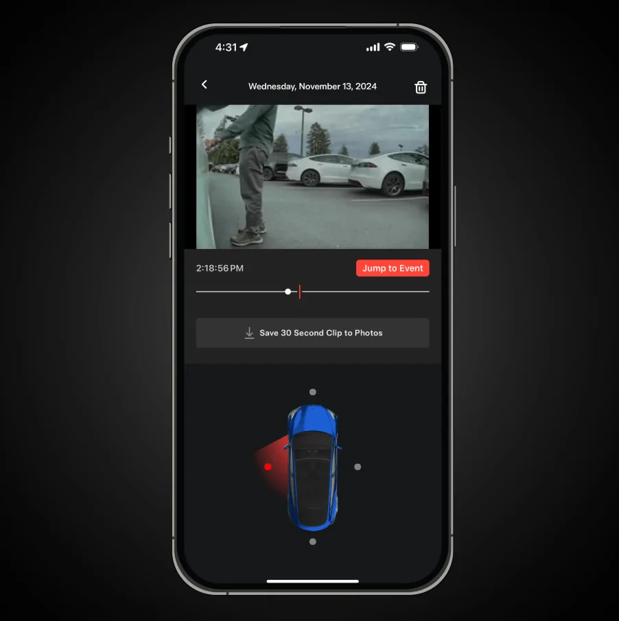 Save and share dashcam and Sentry Mode footage directly through the Tesla app