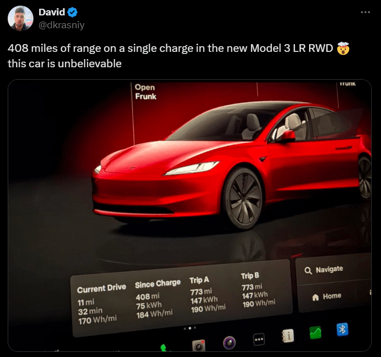 408 miles of range on a single charge in the new Model 3 LR RWD