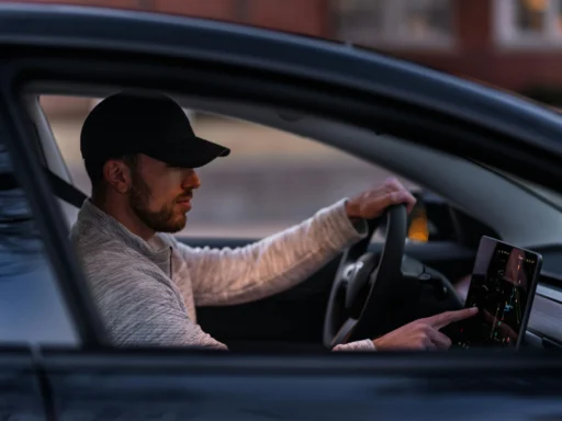 Man in Gray Long Sleeve Shirt Driving a Tesla Car