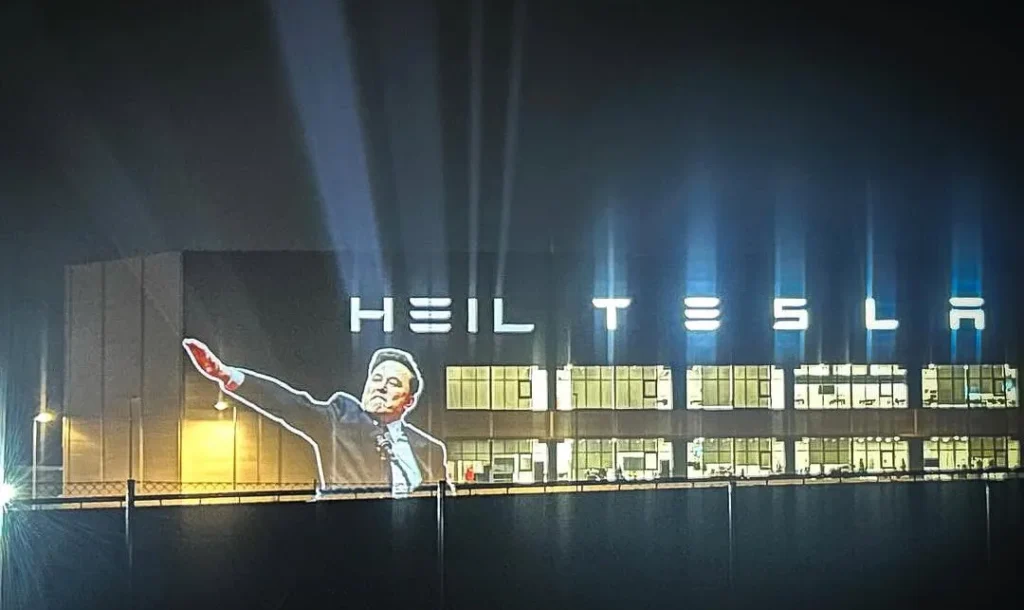 Activists Project Heil Tesla Image on Giga Berlin