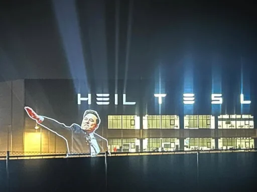 Activists Project Heil Tesla Image on Giga Berlin