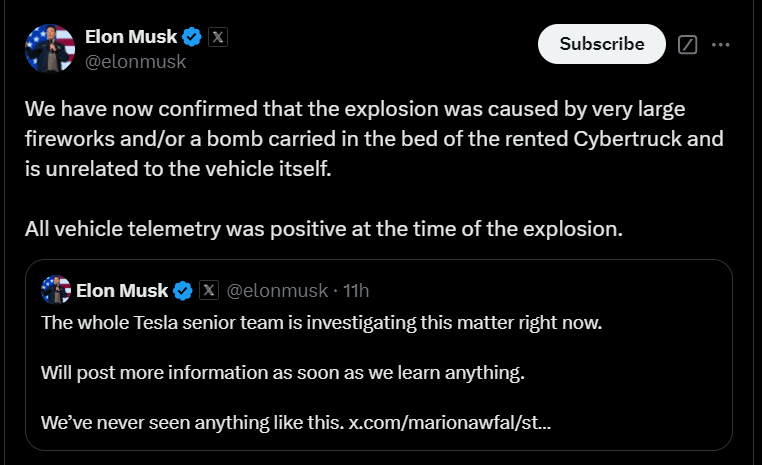 Tesla's Findings on Cybertruck explosion