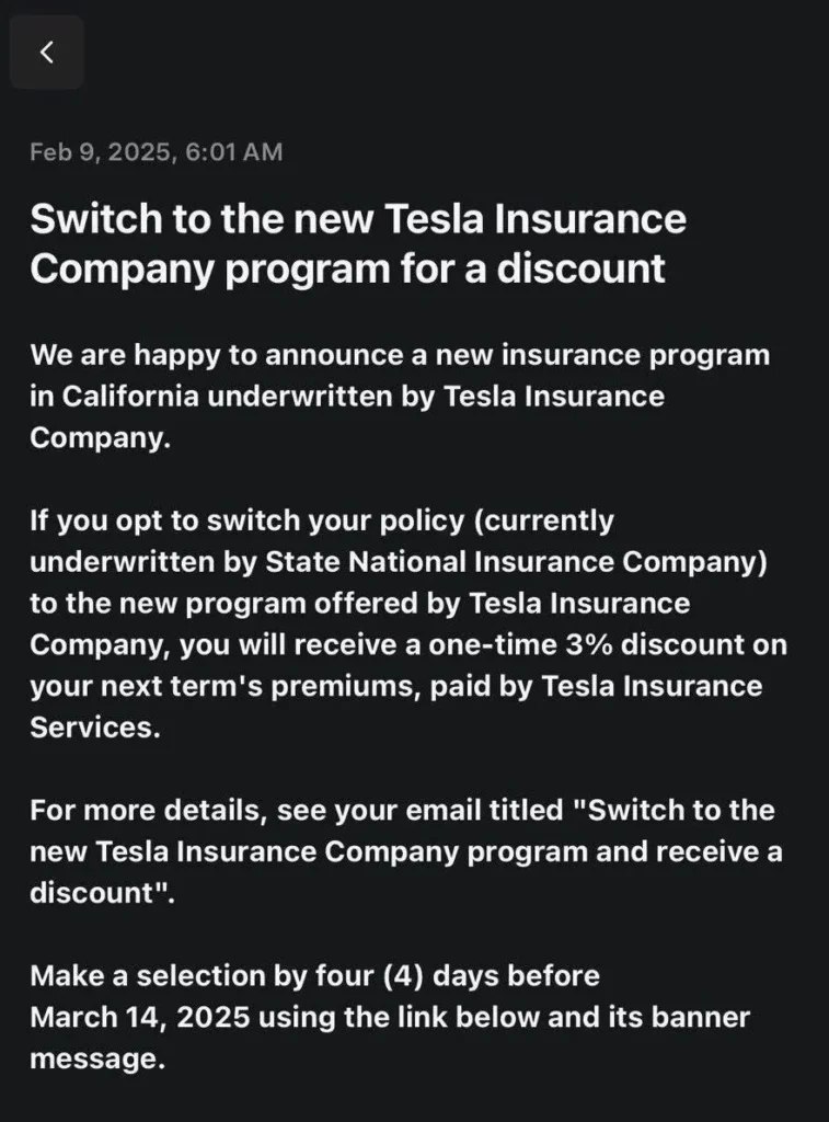 Tesla insurance California underwritten policy