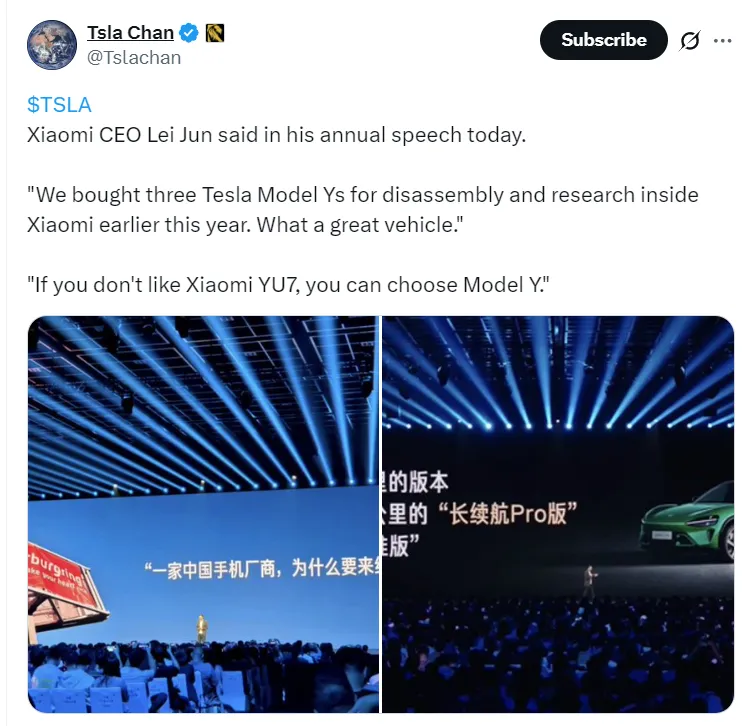 Tesla Model Y Earns Public Respect from Xiaomi CEO