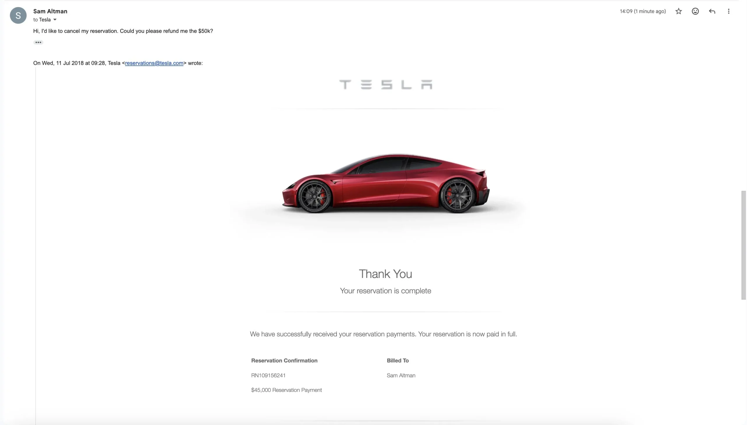 Sam Altman cancels Tesla Roadster reservation screenshot 2