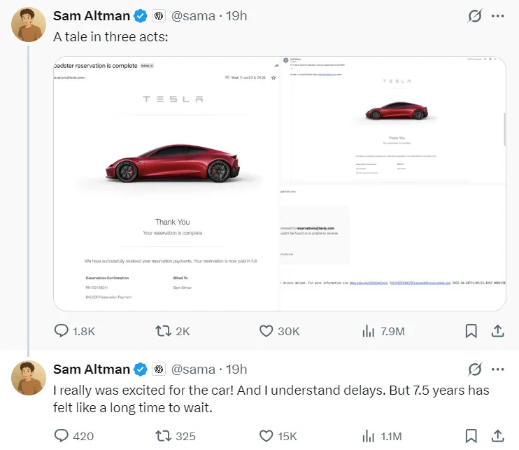 Sam Altman cancels Tesla Roadster reservation