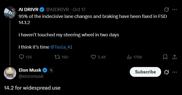 14.2 for widespread use, says Elon Musk