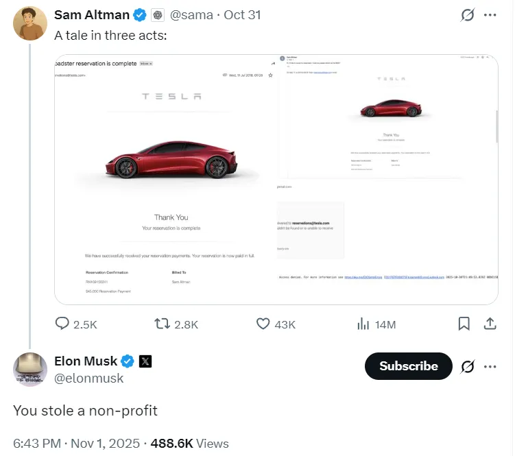 You stole a non profit - Said by Musk to Sam