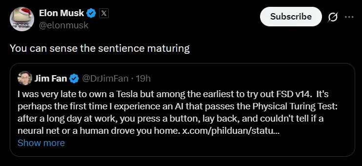You can sense the sentience maturing - musk