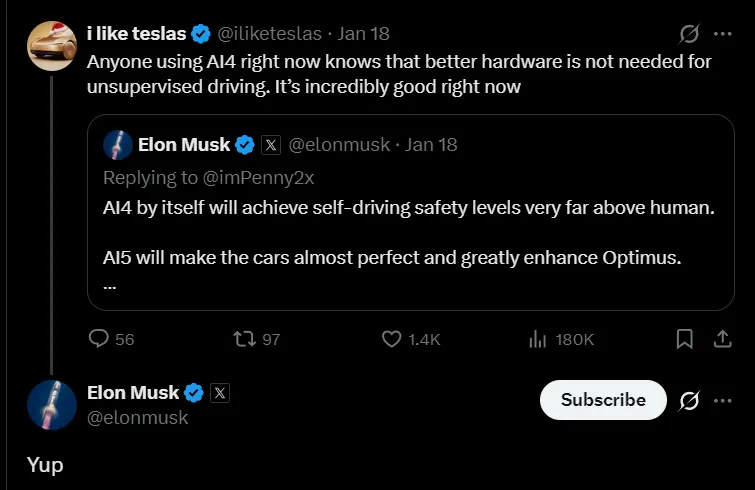 Better hardware is not needed for unsupervised driving - Musk