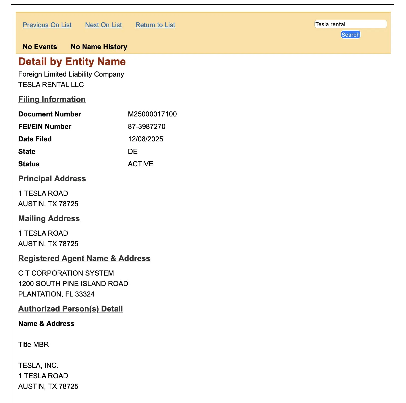 Tesla Florida Rentals Application
