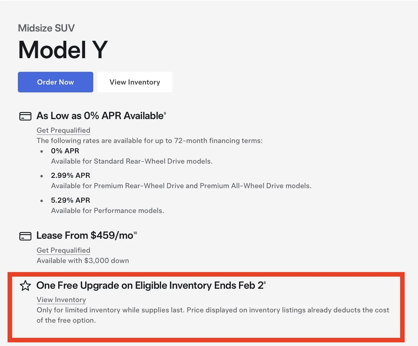 Tesla says its one free upgrade offer on eligible U.S. inventory