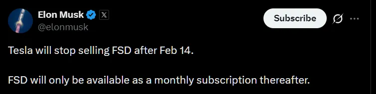 Tesla will stop selling FSD after Feb 14 - musk