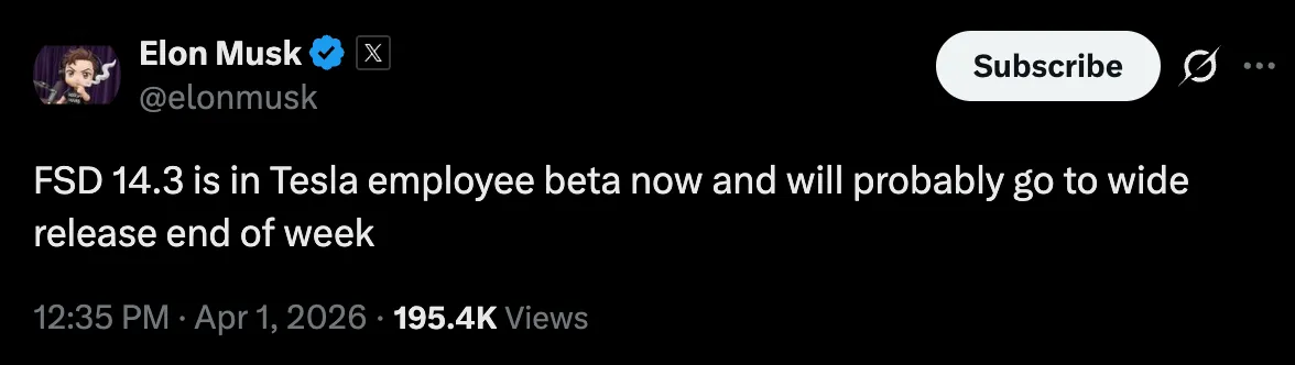 FSD V14.3 launch date