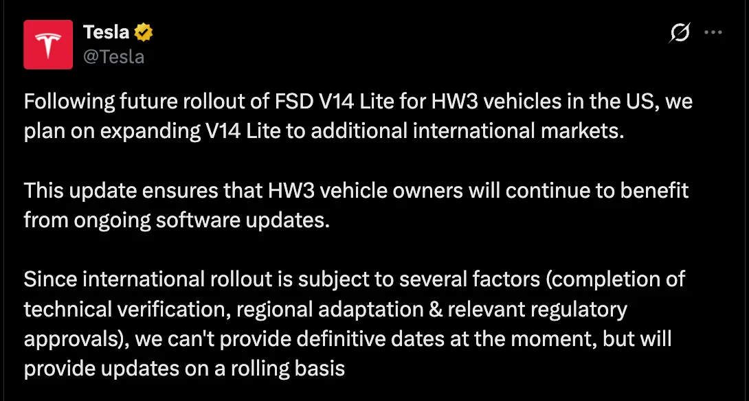 Future rollout of FSD V14 Lite for HW3 vehicles