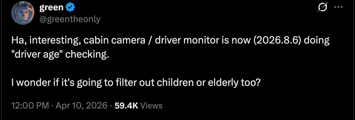 Cabin camera / driver monitor is now (2026.8.6) doing 'driver age' checking