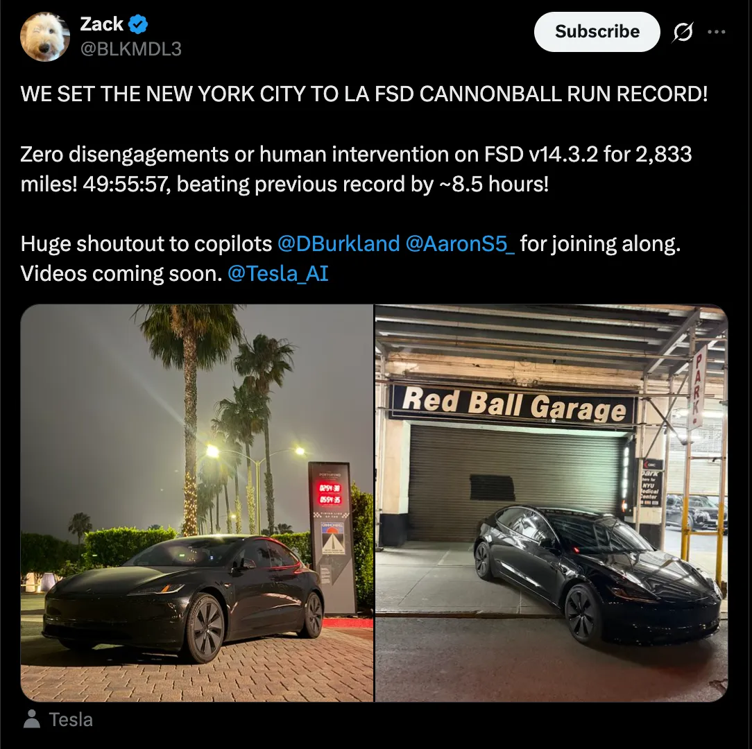 NEW YORK CITY TO LA FSD CANNONBALL RUN RECORD
