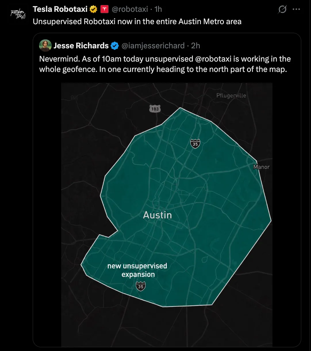 Unsupervised Robotaxi now in the entire Austin Metro area
