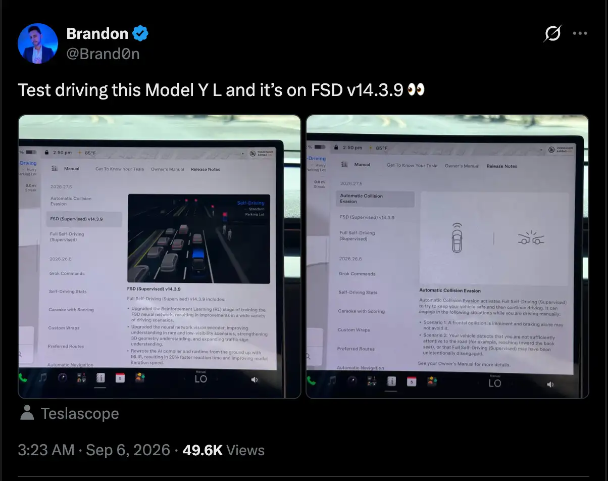 Test driving this Model Y L and it’s on FSD v14.3.9
